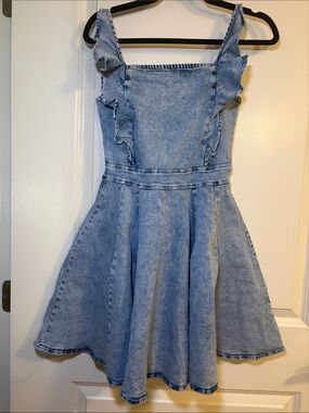 Light Blue Denim Mini Dress with Ruffle Straps